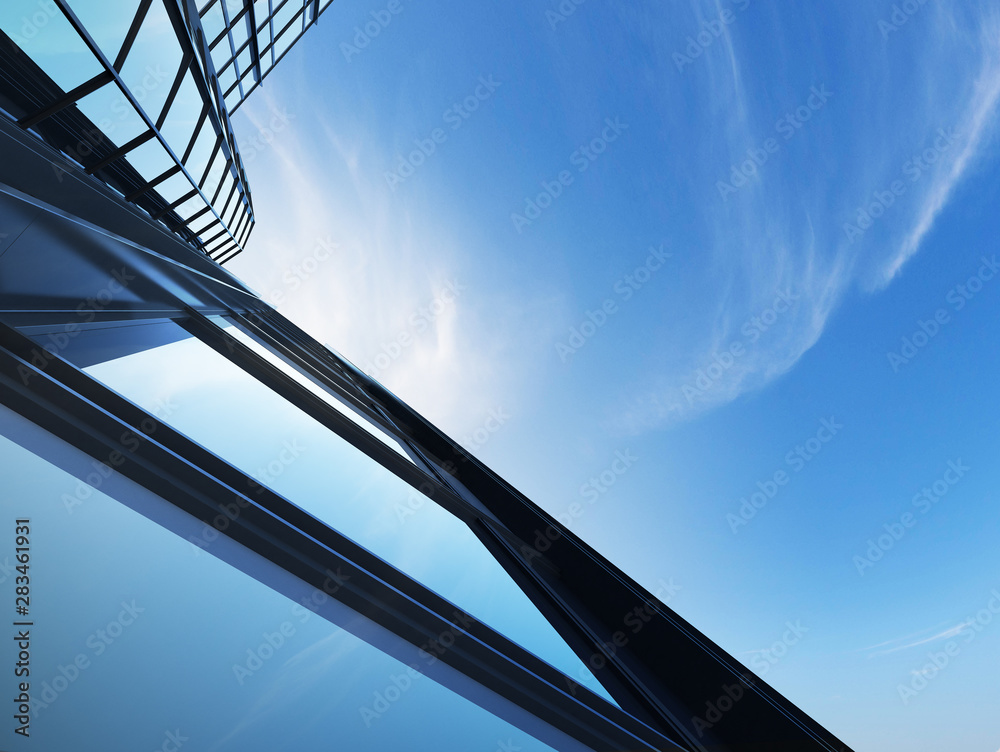 Aufkleber view of high rise glass building and dark steel window system on blue clear sky background,business 