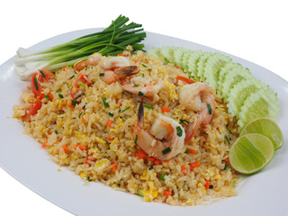 Fried rice with shrimp on the blue dish on white background