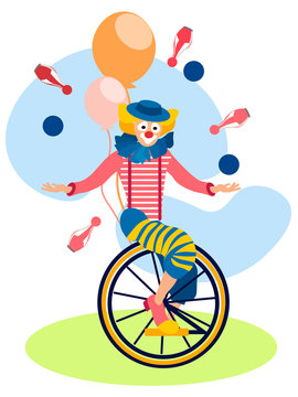Clown on a bike juggles. In minimalist style Cartoon flat raster