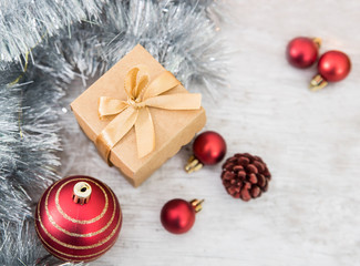 Christmas Ornaments On White Wood With Glittering Background