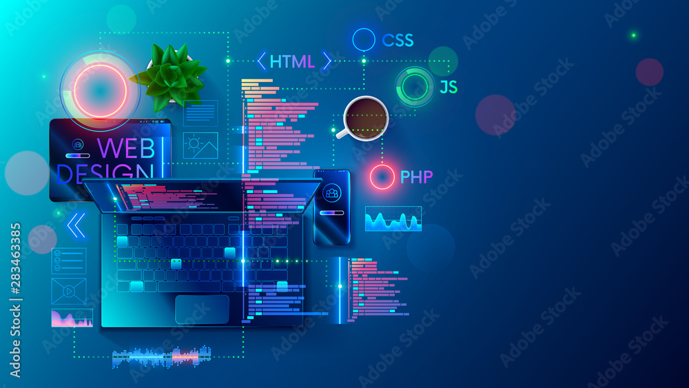 Fototapete Web development, coding and programming responsive layout internet site or app of devices. Creation digital Software mobile, desktop platforms. Computer code on laptop, tablet, phone. Concept banner.
