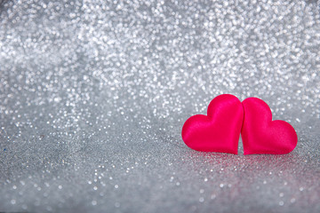 Pink Hearts on White Glitter Background