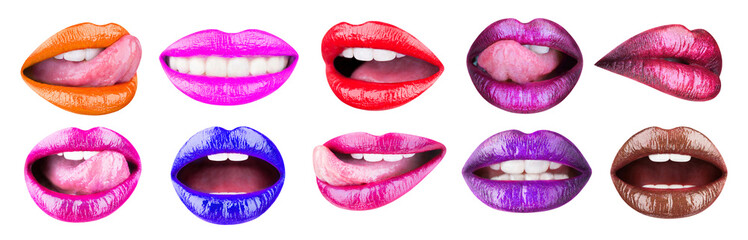 Colored lip, lipstick or lipgloss, sexy. Collection open mouth. Bright female lips collection...