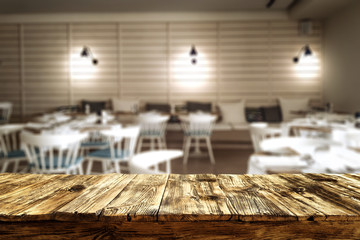 Table background and restaurant interior. Empty space for products and decoration.