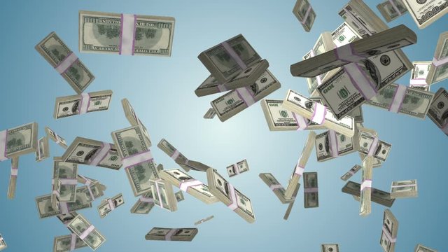 US Dollar currency stack flying in slow motion against blue gradient