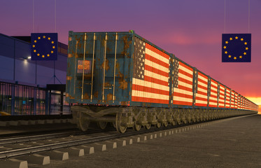 railway wagons with containers with the US flag entering the European Union
