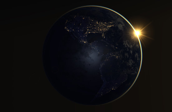 Realistic image of the earth during the night, as seen from space-South and North America