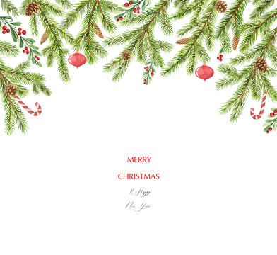 Watercolor vector Christmas banner with green pine branches and place for text.
