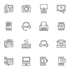 Electronic devices line icons set. linear style symbols collection, outline signs pack. vector graphics. Set includes icons as telephone, camera, computer monitor, tv, mobile phone, fax, headphones