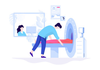 MRI scan procedure. Doctor and patient at the scanner