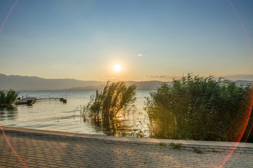 Sunrise scene - nature, lake and reed - Dojran, Macedonia