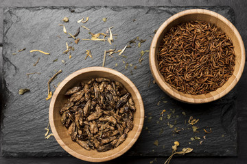 Fried insects in wooden bowl top view