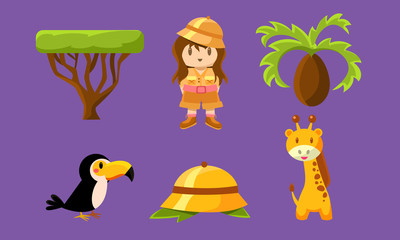 Safari Symbols Set, African Animals, Trees and Girl in Safari Outfit Vector Illustration
