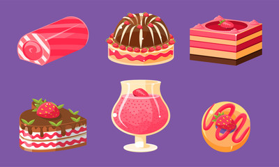 Delicious Sweets and Desserts Set, Cake, Cupcake, Roll Cake, Pudding Vector Illustration