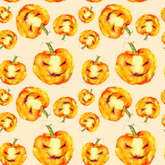 Festive pumpkin smiles on Halloween holiday. Watercolor illustration isolated on yellow background.Seamless pattern