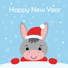 Merry Christmas and Happy New year Funny donkey in red hat cartoon style. Greeting card.