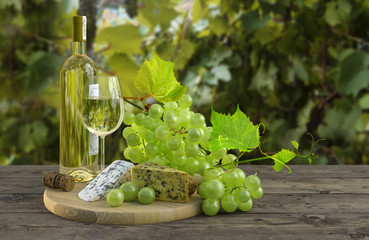 Still life at sunny day, composition with bottle, glass of white wine, fresh ripe green grapes, cheese on vintage wooden table in vineyard with blurry wine background. Grape wine ad concept design. 3D