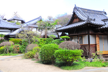 Fototapeta na wymiar Ancient pavilions in shinto temple, Bikan district, Kurashiki, Japan