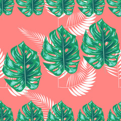 Naklejka premium Tropical leaf design featuring navy Palm and blue Monstera plant leaves on a pink background. Seamless pattern.