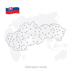 Global logistics network concept. Communications network map  Slovakia on the world background. Map of  Slovakia with nodes in polygonal style and flag. Vector illustration EPS10. 