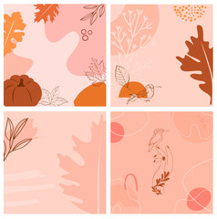 Set of abstract square background with autumn elements, shapes and plants in one line style. Background for mobile app page minimalistic style. Vector illustration