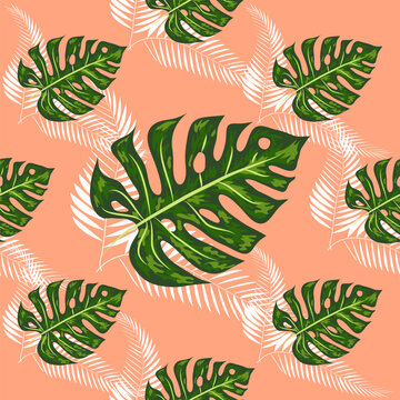 seamless pattern with tropical leaves: palms, monstera, passion fruit. Beautiful allover print with hand drawn exotic plants. Swimwear botanical design