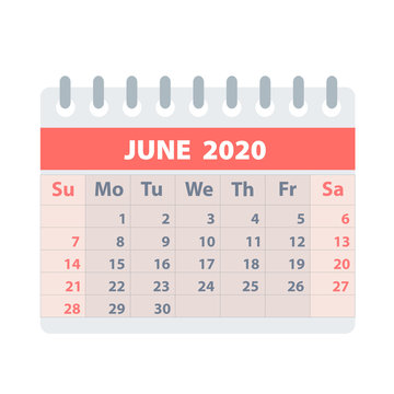 Callendar For June 2020 In Flat Style For Design On White, Stock Vector Illustration