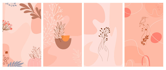 Set of abstract vertical background with autumn elements, shapes, plants and human hands in one line style. Background for mobile app page minimalistic style. Vector illustration