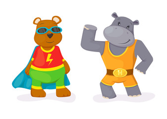 Superhero animal kids with a superhero cape and masks. Hippo and bear character in super hero costume vector illustration isolated.