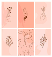 Fototapeta na wymiar Set of abstract vertical background with autumn elements, shapes, plants and human hands in one line style. Background for mobile app page minimalistic style. Vector illustration