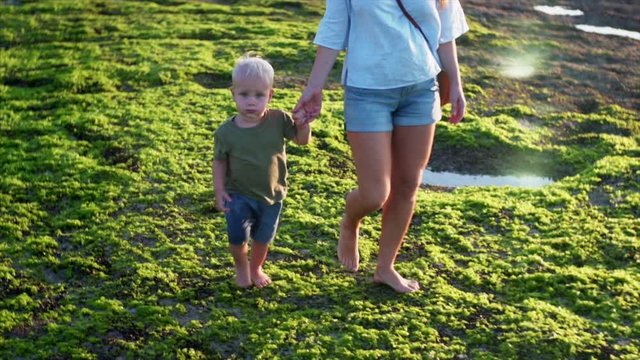 Slow motion of cute barefooted two years old boy walking with his mother on green algae at low tide in the evening. Balangan beach, Bali, Indonesia
