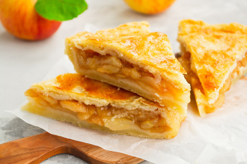 Homemade apple pie. Pieces of cake on a wooden board on a light background. Classic autumn dessert. Close up