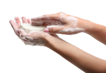 Female hands with soap on white background - obrazy, fototapety, plakaty