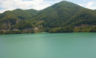 Reservoir Ginvali in Georgia, blue water. Jinvali.
