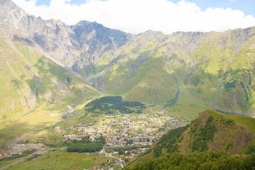 Fototapeta premium Stepancminda, a town at the bottom of th Kazbek mountain.