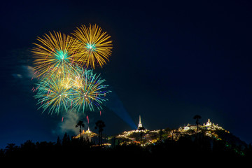 Firework smoke background city over temple and palace on the Mountain
