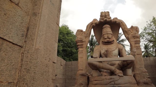 Pan view, Closeup of Ruined Urga Narasimha Temple at Hampi.