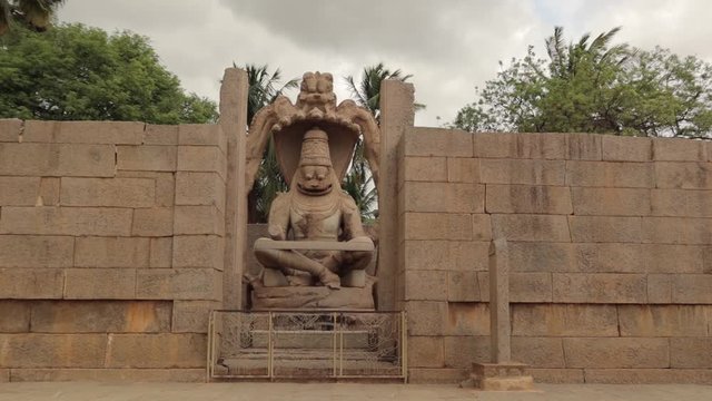 Pan view of ruined load Ugra Narasimha Temple at Hampi