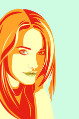 Fashion illustration of young woman with perfect hair. Charming teen girl porttrait. Vector beautiful female face.
