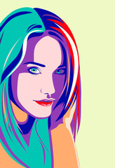 Fashion illustration. Beautiful female face, vector. Young stylish woman with perfect hair. Charming teen girl portrait. Design element.