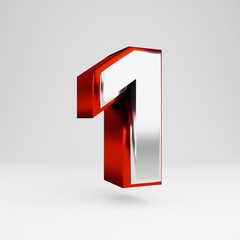 Metal 3d number 1. Metallic red and white font isolated on white background.