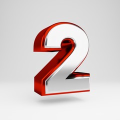 Metal 3d number 2. Metallic red and white font isolated on white background.