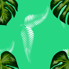 Fototapeta na wymiar Bright tropical background with jungle plants. exotic pattern with palm leaves.