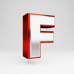 Metal 3d letter F uppercase. Metallic red and white font isolated on white background.