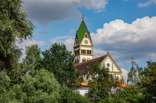 Detail of Catholic Church Tower in Ketsch, Germany with Nature Front view
