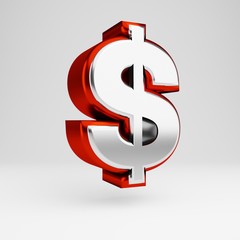 Metal 3d dollar symbol. Metallic red and white font isolated on white background.