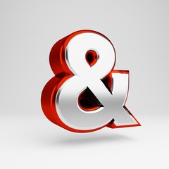 Metal 3d ampersand symbol. Metallic red and white font isolated on white background.