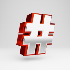 Obraz premium Metal 3d hashtag symbol. Metallic red and white font isolated on white background.
