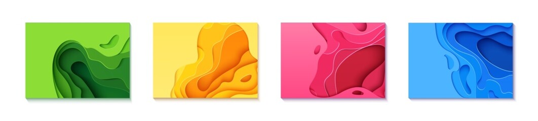 Set of four horizontal flyers in cut paper style. Blue, green, yellow and pink template for posters, brochures, presentations, invitations with place for text . Collection of vector cards