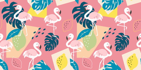 Trendy pattern with flamingo and tropical leaves on abstract background. Vector seamless texture. 